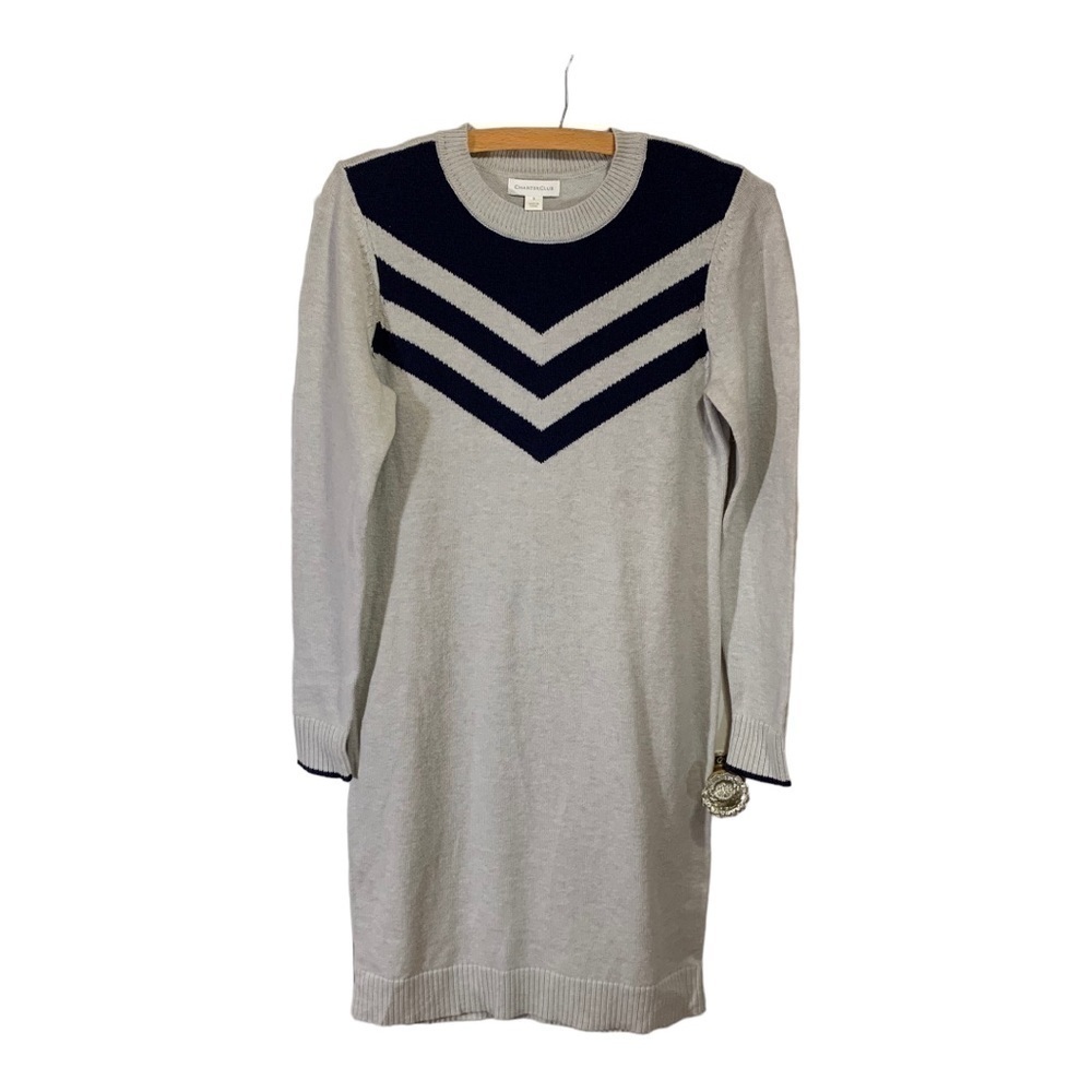 Charter Club Grey Navy Chevron Sweater Midi Dress Size S Scandi Minimal Cozy